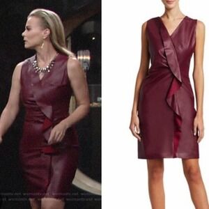 Elie‎ Tahari Marsala Leather Ruffle Front Shift Dress in Winterberry Burgundy 16